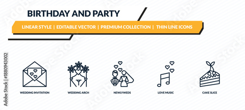 birthday and party icons set - wedding invitation, wedding arch, newlyweds, love music, cake slice outline vector collection.