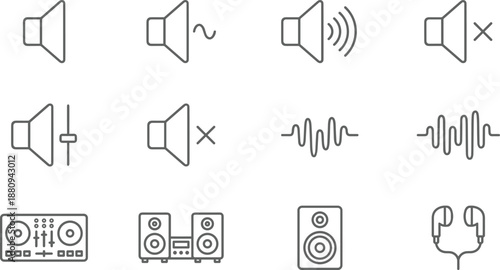 Minimal outline icon set representing audio equipment, sound waves, volume controls, stereo systems, headphones, and dj mixing consoles for interface design.