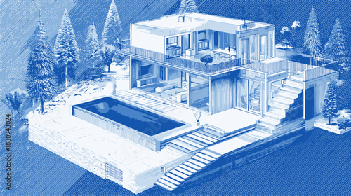 Modern Luxury House Architectural Blueprint with Swimming Pool and Terraces. Contemporary Home Design Plan Illustration.