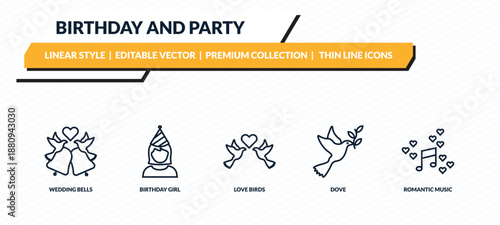 birthday and party icons set - wedding bells, birthday girl, love birds, dove, romantic music outline vector collection.