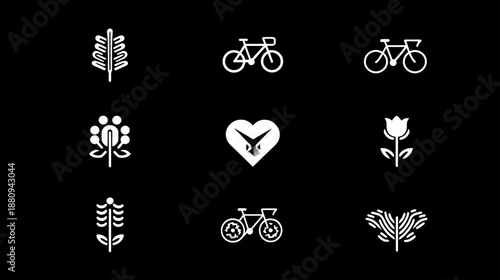 Collection of minimalist white vector icons on black background, featuring plants, floral motifs, bicycles, and a heart symbol.
