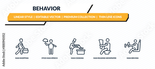 behavior icons set - man shopping, stick man speech, man cooking, reading newspaper, driving outline vector collection.