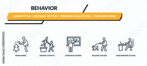 behavior icons set - prune hedge, helping a man to climb, window cleaning, walking the dog, man working at desk outline vector collection.