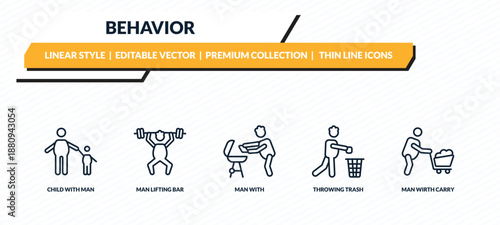 behavior icons set - child with man, man lifting bar, man with, throwing trash, wirth carry outline vector collection.