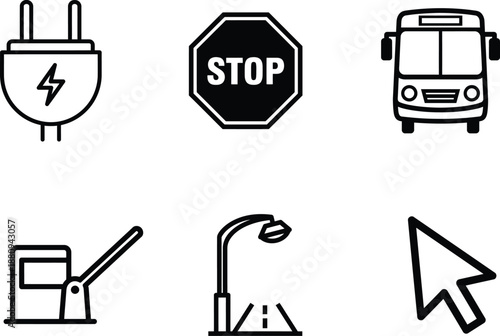 black and white line icons of various signs and objects for graphic design  electricity bus stop street light mouse pointer gas pump