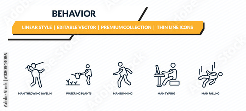 behavior icons set - man throwing javelin, watering plants, man running, man typing, falling outline vector collection.