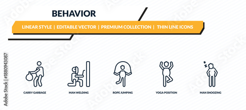 behavior icons set - carry garbage, man welding, rope jumping, yoga position, man snoozing outline vector collection.