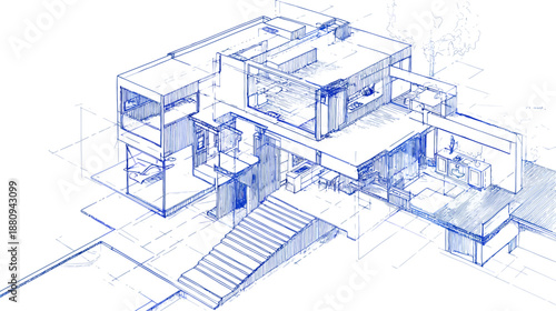 Modern house architectural blueprint sketch. Isometric perspective drawing of contemporary residential building design, construction plan, and engineering concept.