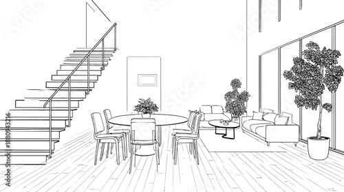 Modern interior design sketch, architectural line drawing of contemporary living room, dining area, and staircase. Home blueprint illustration.