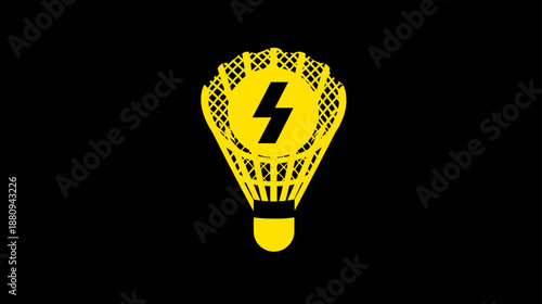 Dynamic Yellow Shuttlecock Icon with Lightning Bolt on Black Background. Vector Graphic Representing Sport, Speed, and Energy.