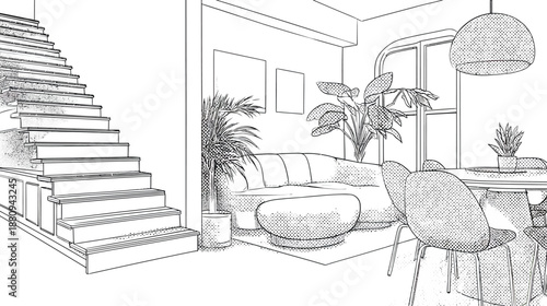 Modern Home Interior Design Architectural Sketch with Living Room, Dining Area, and Staircase. Contemporary Minimalist Line Art Drawing
