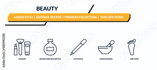 beauty icons set - makeup, round perfume bottle, eye pencil, mortar bowl, one foot outline vector collection.