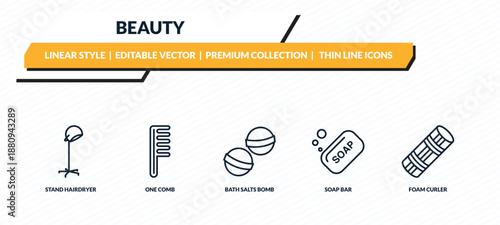 beauty icons set - stand hairdryer, one comb, bath salts bomb, soap bar, foam curler outline vector collection.