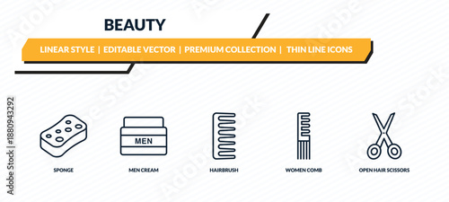 beauty icons set - sponge, men cream, hairbrush, women comb, open hair scissors outline vector collection.