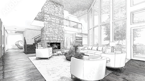 Architectural sketch of a spacious modern living room interior with a stone fireplace, high ceilings, and large windows.