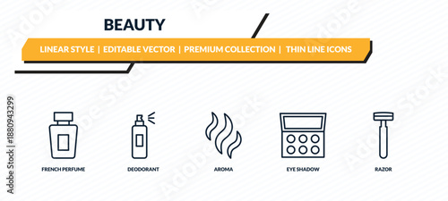 beauty icons set - french perfume, deodorant, aroma, eye shadow, razor outline vector collection.