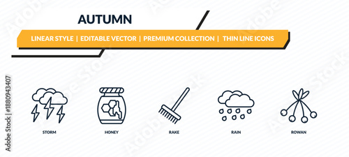 autumn icons set - storm, honey, rake, rain, rowan outline vector collection.