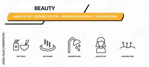 beauty icons set - spa tools, hot spring, shower place, hair styler, acupuncture outline vector collection.