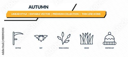 autumn icons set - scythe, bat, rosa canina, grass, winter hat outline vector collection.