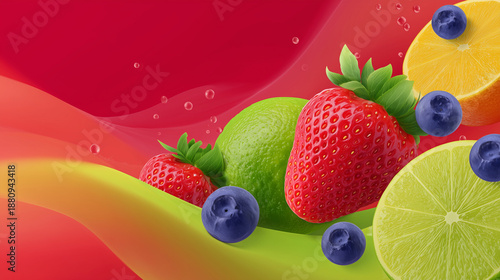 Colorful tropical fruit banner with strawberries, lime, orange and blueberries on bright red abstract background with flowing waves and bubbles, fresh summer juice concept for packaging, ads and web