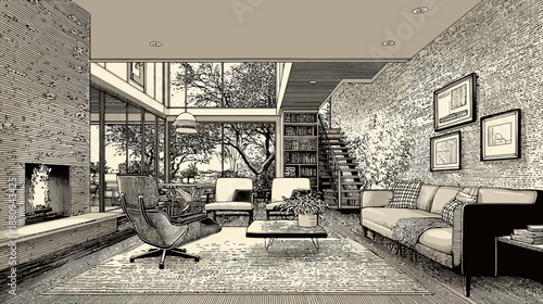 Architectural sketch of a modern, stylish living room interior with fireplace, large windows, and a staircase, luxurious home design
