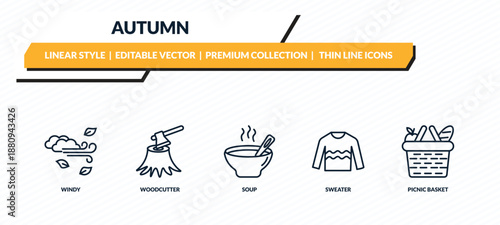 autumn icons set - windy, woodcutter, soup, sweater, picnic basket outline vector collection.