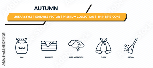 autumn icons set - jam, blanket, bird migration, cloak, broom outline vector collection.
