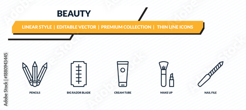 beauty icons set - pencils, big razor blade, cream tube, make up, nail file outline vector collection.