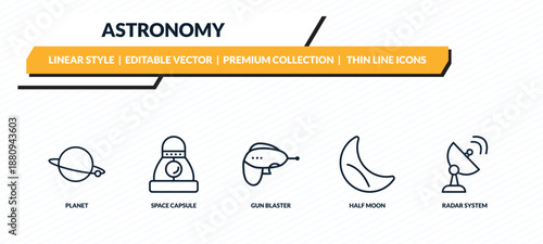 astronomy icons set - planet, space capsule, gun blaster, half moon, radar system outline vector collection.