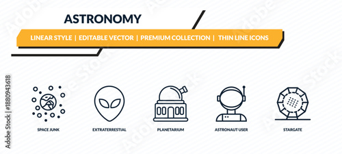 astronomy icons set - space junk, extraterrestial head, planetarium, astronaut user, stargate outline vector collection.