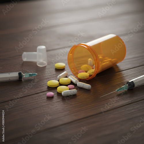 Wallpaper Mural Spilled Colorful Prescription Pills and Capsules Falling Out of Open Orange Medicine Bottle with Medical Syringes on Wooden Table – Drug Overdose and Addiction Concept Torontodigital.ca