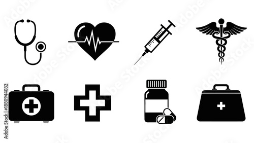 Medical and healthcare icons set isolated on black background vector illustration