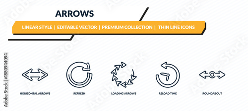 arrows icons set - horizontal arrows, refresh, loading arrows, reload time, roundabout outline vector collection.