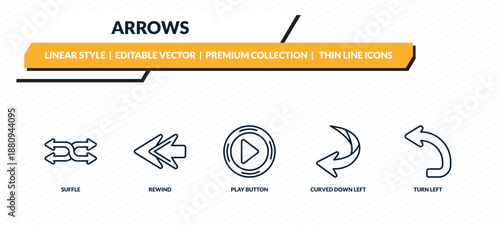 arrows icons set - suffle, rewind, play button, curved down left arrow, turn left outline vector collection.