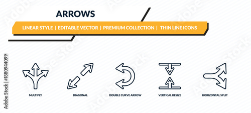 arrows icons set - multiply, diagonal, double curve arrow, vertical resize, horizontal split outline vector collection.