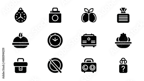 Minimalist business icons set with clock arrow success growth symbols on black background