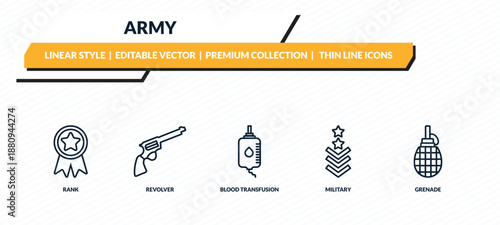 army icons set - rank, revolver, blood transfusion, military, grenade outline vector collection.