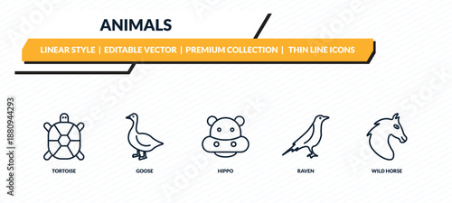animals icons set - tortoise, goose, hippo, raven, wild horse outline vector collection.