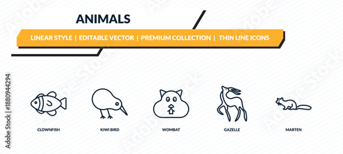 animals icons set - clownfish, kiwi bird, wombat, gazelle, marten outline vector collection.
