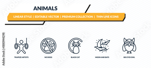 animals icons set - trapeze artists, no dogs, black cat, moon and bats, big eyes owl outline vector collection.