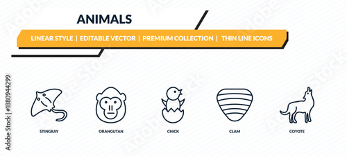 animals icons set - stingray, orangutan, chick, clam, coyote outline vector collection.