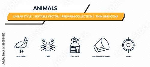animals icons set - cassowary, crab, fish shop, elizabethan collar, hunt outline vector collection.