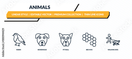 animals icons set - robin, boxerhead, pit bull, bee hive, walking dog outline vector collection.