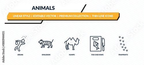 animals icons set - drunk, smilodon, humps, fish and knife, pawprints outline vector collection.