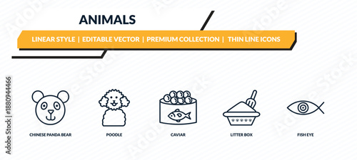 animals icons set - chinese panda bear, poodle, caviar, litter box, fish eye outline vector collection.