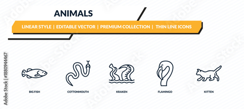 animals icons set - big fish, cottonmouth, kraken, flamingo, kitten outline vector collection.