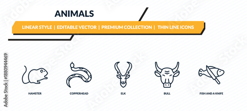animals icons set - hamster, copperhead, elk, bull, fish and a knife outline vector collection.