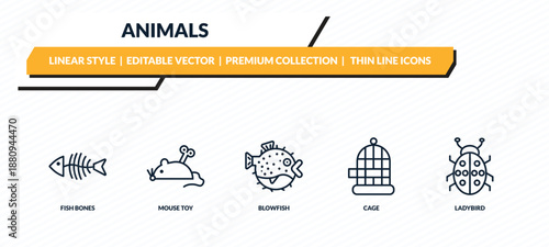 animals icons set - fish bones, mouse toy, blowfish, cage, ladybird outline vector collection.