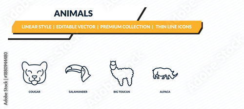 animals icons set - cougar, salamander, big toucan, alpaca, rhinoceros outline vector collection.
