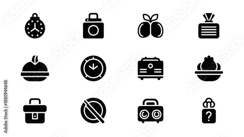 Minimalist business icons set with clock arrow success growth symbols on black background